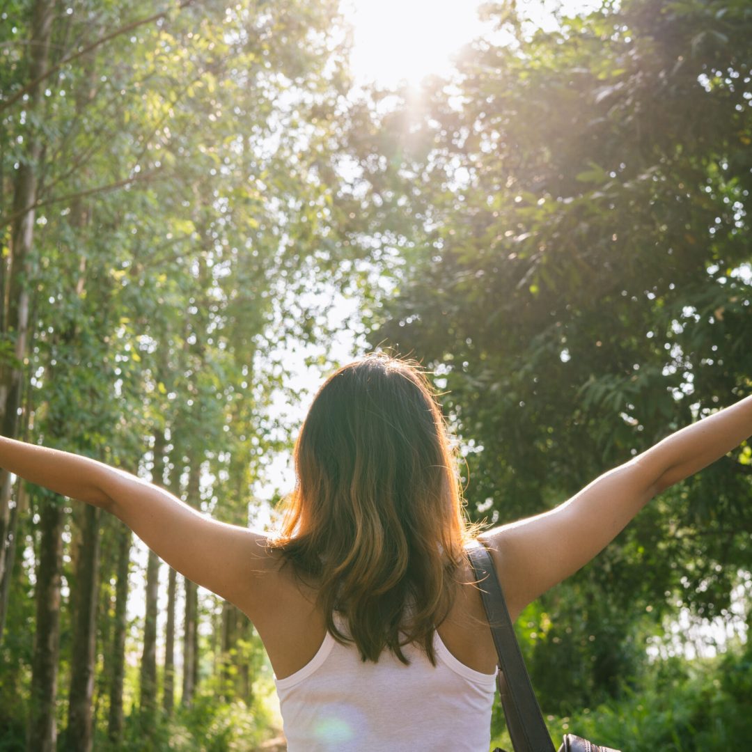 Happy young Asian woman traveler with backpack walking in forest. Hiker Asian woman with backpack walking on path in summer forest. Adventure backpacker travel people concept.